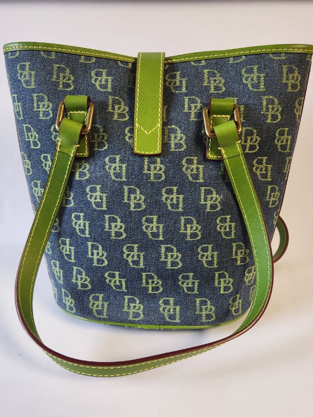 Dooney Bourke North South Bucket Bag Blue Denim Green Purse Handbag Shoulder Bag - Picture 3 of 16